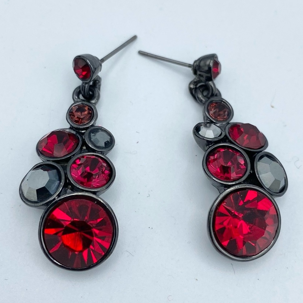 Faux Garnets Red Multi Faceted Gunmetal Tone Dangling Pierced Earrings